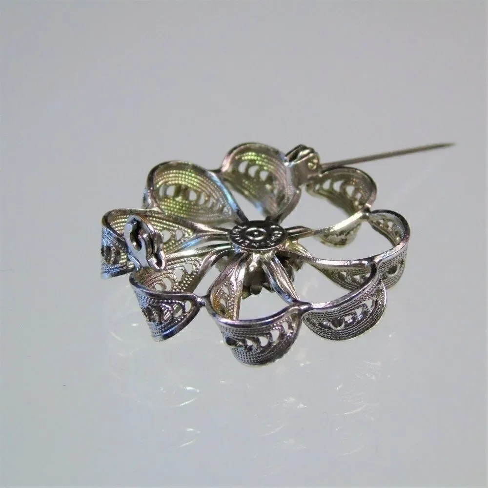 Continental Vintage Signed Silver Filigree Brooch